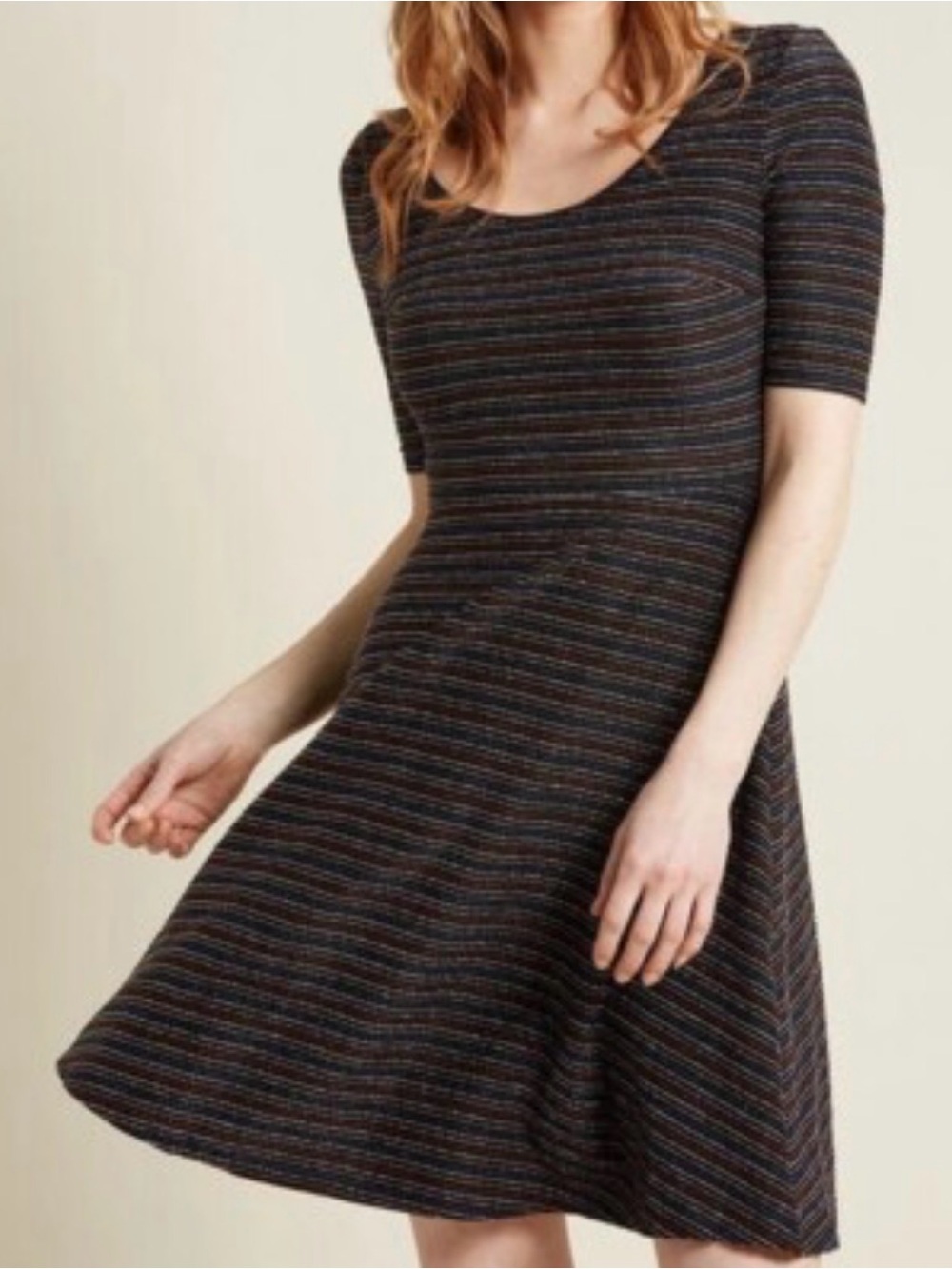 Modcloth Black Multicolor Striped Metallic Scoop-Neck Midi Dress